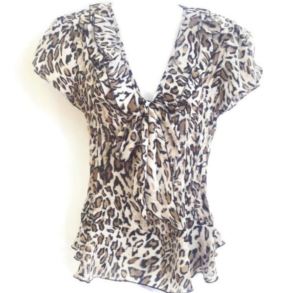 Allison Taylor Blouse Leopard Animal Ruffle Peplum Short Tulip Sleeves M